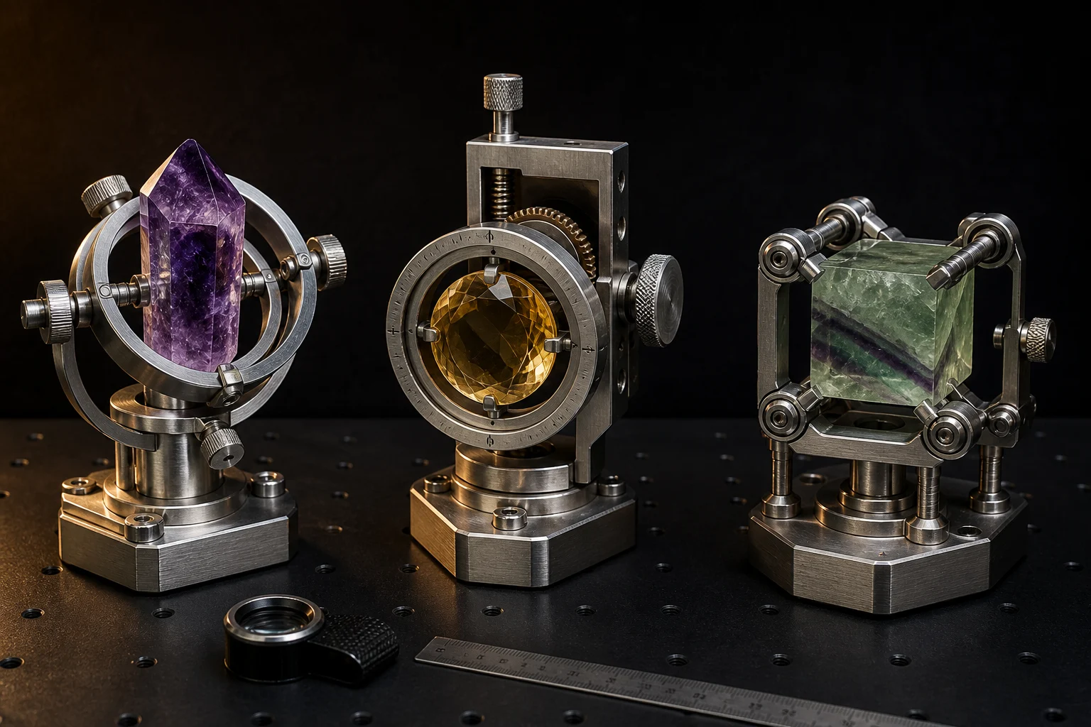 Amethyst, citrine and fluorite in a detailed mineral inspection arrangement