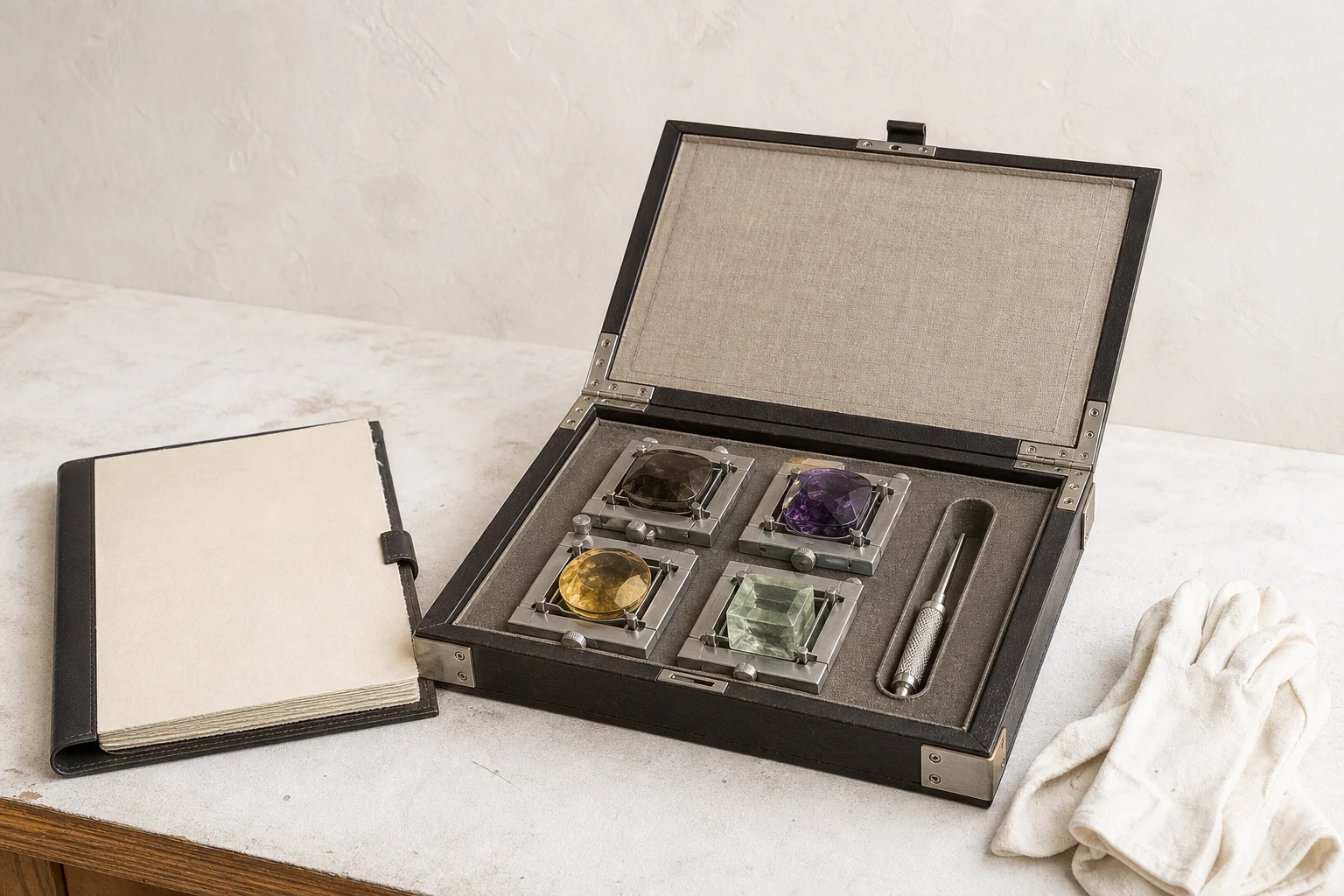 Smoky quartz, amethyst, citrine and fluorite in a presentation case