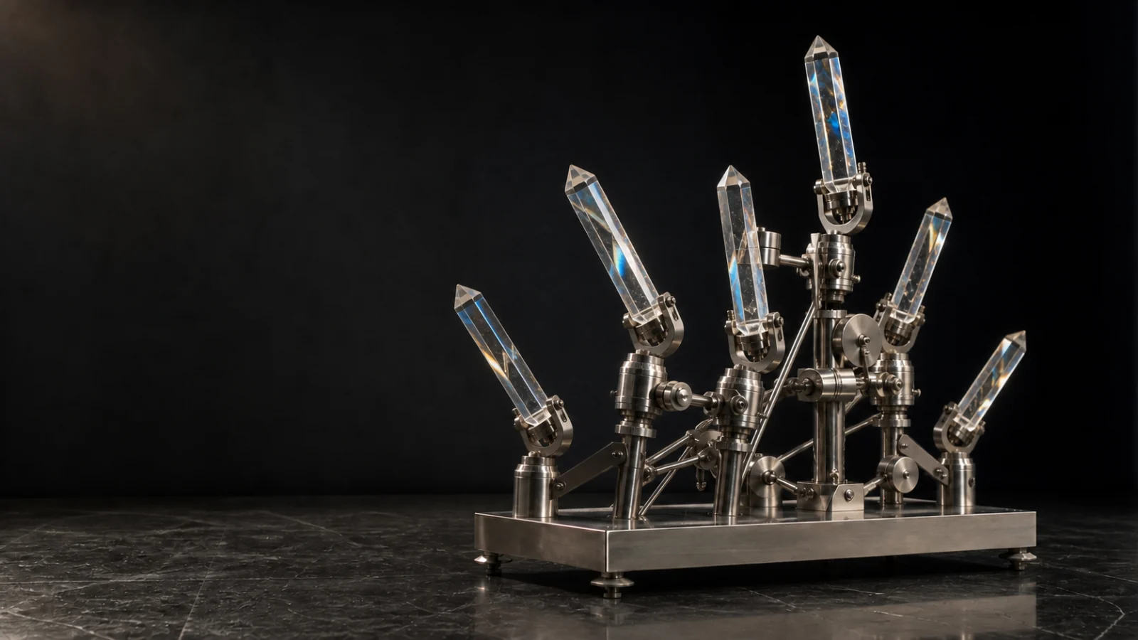 Six clear quartz prisms held by an articulated metal mechanism in a dark studio