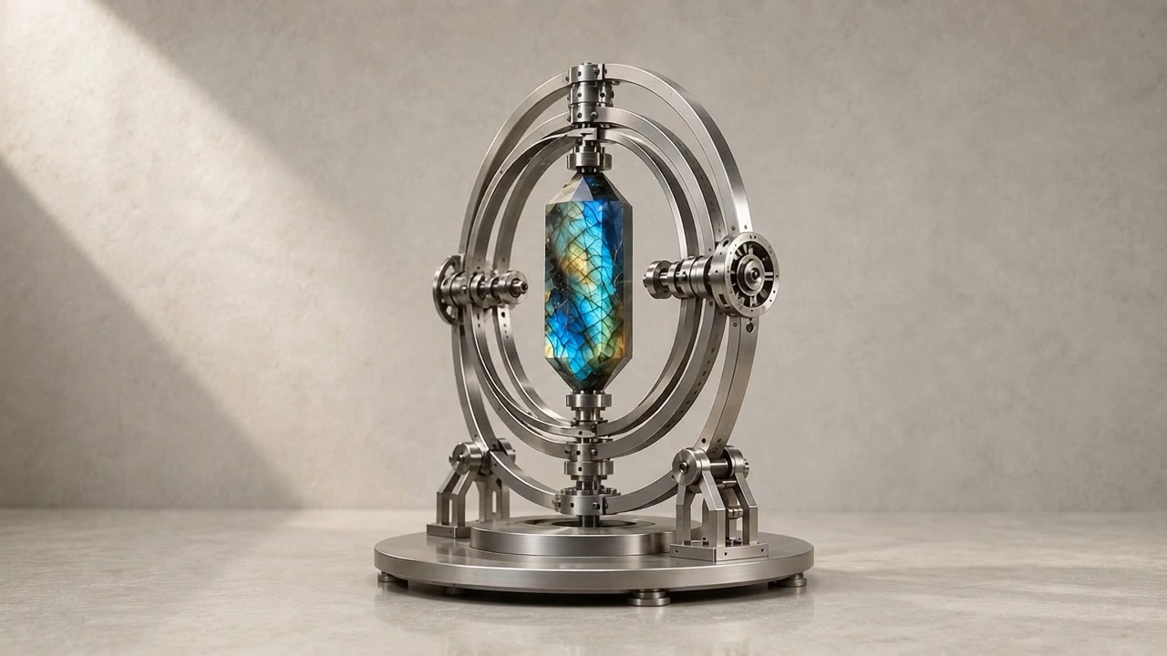 A prominent labradorite crystal held within a precise silver gimbal instrument in a neutral studio